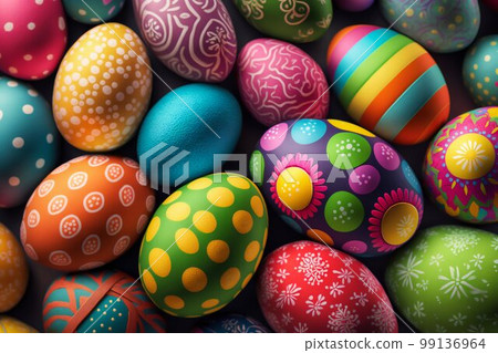 Easter Painted Eggs Colourful Pattern Background. Generative AI 99136964