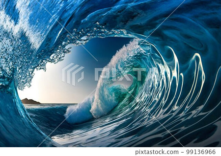 Big ocean clear blue surfer wave tube closeup. Generative AI 99136966