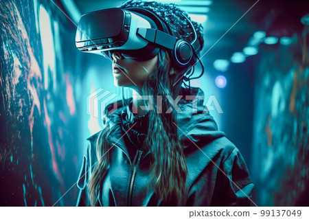 Woman with VR headset in metaverse. Generative AI Woman with VR headset in metaverse. Generative AI 99137049