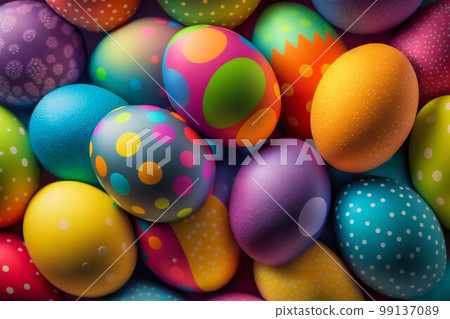 Easter Painted Eggs Colourful Pattern Background. Generative AI Easter Painted Eggs Colourful Pattern Background. Generative AI 99137089