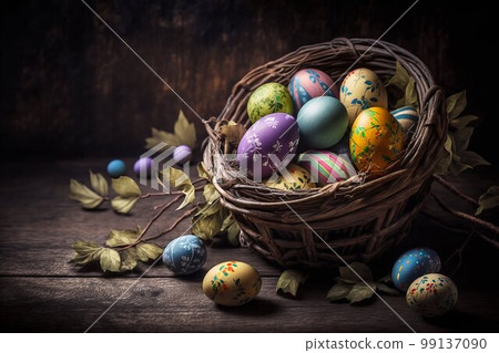 Easter Painted Eggs in Basket on Wooden Background. Generative AI Easter Painted Eggs in Basket on Wooden Background. Generative AI 99137090