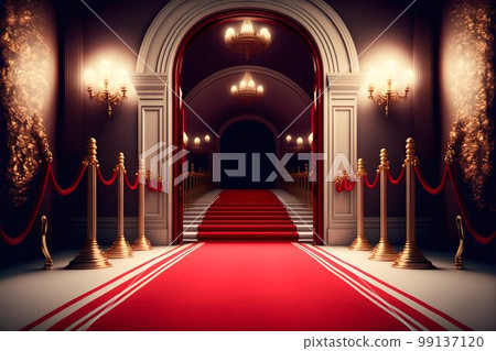 Luxury entrance with red carpet. Generative AI 99137120