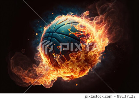 Glowing burning basketball with fire flames. Generative AI Glowing burning basketball with fire flames. Generative AI 99137122