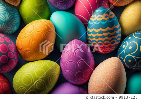 Easter Painted Eggs Colourful Pattern Background. Generative AI Easter Painted Eggs Colourful Pattern Background. Generative AI 99137123