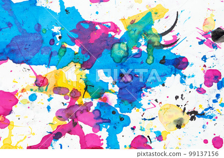 Spilled printer ink. Abstract colorful splatter on watercolor textured background. 99137156