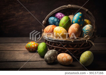 Easter Painted Eggs in Basket on Wooden Background. Generative AI Easter Painted Eggs in Basket on Wooden Background. Generative AI 99137166