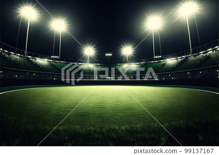 Sport stadium illuminated by spotlights and empty green grass playground. Generative AI Sport stadium illuminated by spotlights and empty green grass playground. Generative AI 99137167
