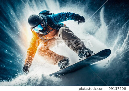 Snowboarder freeride on the slope in snow mountain. Generative AI 99137206