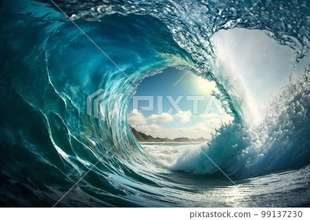 Big ocean clear blue surfer wave tube closeup. Generative AI Big ocean clear blue surfer wave tube closeup. Generative AI 99137230