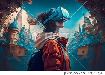 Woman with VR headset in metaverse. Generative AI 99137231