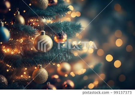 Christmas Tree with Baubles Ball Toys And Blurred Shiny Lights on Background. Generative AI 99137373