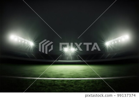 Sport stadium illuminated by spotlights and empty green grass playground. Generative AI 99137374