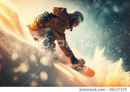 Snowboarder freeride on the slope in snow mountain. Generative AI 99137375