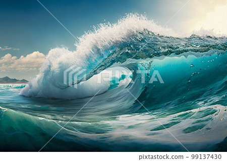 Big ocean clear blue surfer wave tube closeup. Generative AI Big ocean clear blue surfer wave tube closeup. Generative AI 99137430