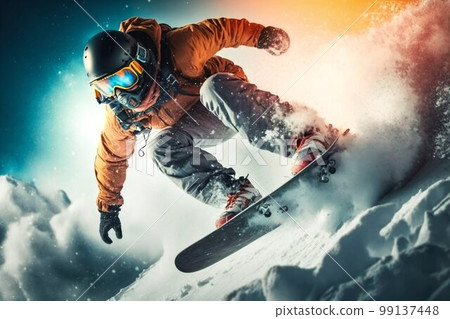 Snowboarder freeride on the slope in snow mountain. Generative AI 99137448