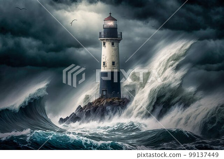 Lighthouse in the sea storm with big waves. Generative AI 99137449