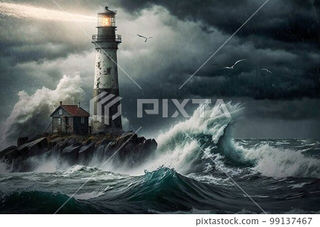 Lighthouse in the sea storm with big waves. Generative AI 99137467