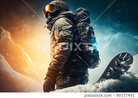 Snowboarder freeride on the slope in snow mountain. Generative AI 99137491
