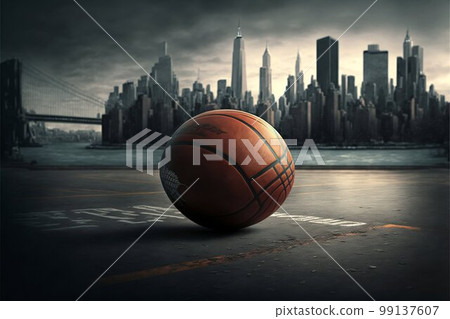 Basketball on the floor, New York City background. Generative AI Basketball on the floor, New York City background. Generative AI 99137607