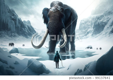 Mammoth elephant walking in snow winter mountains. Generative AI Mammoth elephant walking in snow winter mountains. Generative AI 99137641