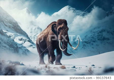 Mammoth elephant walking in snow winter mountains. Generative AI 99137643
