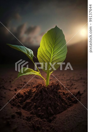 Little green plant sprout on the ground. Generative AI Little green plant sprout on the ground. Generative AI 99137644