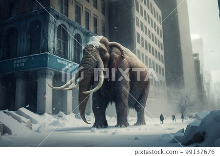 Mammoth elephant walking on the city road. Generative AI 99137676