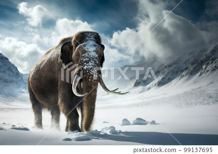 Mammoth elephant walking in snow winter mountains. Generative AI 99137695
