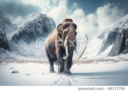 Mammoth elephant walking in snow winter mountains. Generative AI 99137708