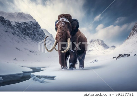 Mammoth elephant walking in snow winter mountains. Generative AI 99137781