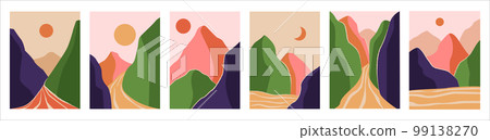 Abstract nature landscape, mountain hill colorful posters collection. Outdoor travel elements, trendy adventure horizon. Vector textured illustrations. Social media stories background. Vector images 99138270