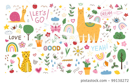 Cute scribble plants, funny animals, heart and rainbow. Tropical leaves and flowers. Handwritten love phrases, decoration hand drawn llama, leopard and snail. Vector trendy doodle drawing utter set 99138272