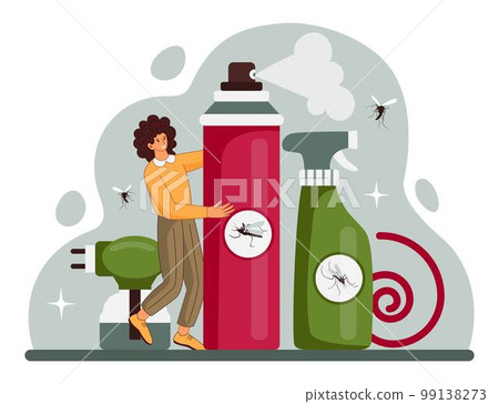 Mosquito dengue. Malaria fever. Repellent aerosol. Disease prevention. Big spray bottles. Insects protection. Medicine symptoms in monsoon. Health medical infographic. Vector illustration tidy concept 99138273