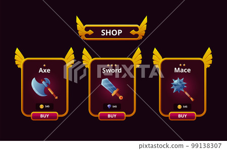 Fantasy game cards. Medieval UI frames. Gaming shop interface. Arcade users asset. RPG buttons with magic sword and sharp axe. War weapons. Metal battle mace. GUI design. Vector recent elements set 99138307