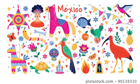 Mexico art pattern, mexican stickers. Nature flowers, sombrero and funny animals, travel festival banner, holiday floral card. Celebrate symbols collection. Vector cartoon illustration tidy collection 99138310
