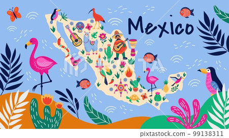 Mexico art. Mexican travel map with animals and country attributes. Llama and turtle. Muertos skull. Nature and traditional holidays. Pinata party. Man with guitar. Vector cartoon tidy banner design 99138311