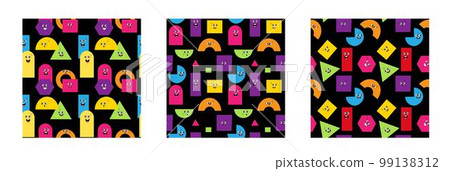 Emoji geometric characters, school pattern. Abstract kids math education, smile star, circle with face for child. Funny graphic colorful emoji on black background. Vector seamless tidy illustration 99138312