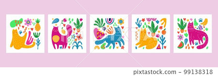 Abstract cats, flowers and leaves, nature pattern. Spring contemporary square cards collection, summer fashion mosaic, floral elements with animals. Posters wall art. Vector illustration tidy design 99138318