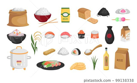 Asian food. Rice agriculture products. Cooking plants. Cute variety diet ingredients. Noodle or sushi eating. Cereal sack and bowl. Salmon sashimi. Japanese meals set. Vector tidy isolated collection 99138338