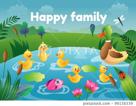 Happy family. Many duck kids with mother. Reeds in pond. Duckchick birds swimming in lake. Calm young animals. Yellow chick diving in water. Ducklings group. Cute mallards. Vector tidy illustration 99138339