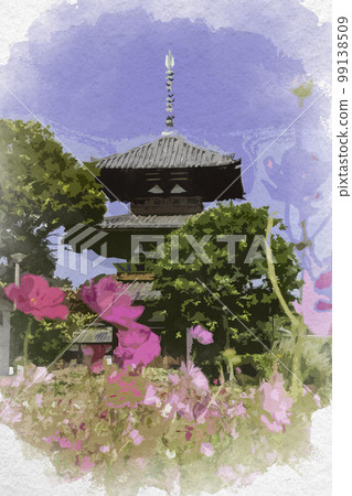 水彩畫法寶寺三層塔，奈良縣生駒郡斑鳩町 99138509