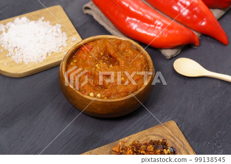 Balkan snack of bell pepper Ajvar and eggplant. Vegan food. Healthy eating Balkan snack of bell pepper Ajvar and eggplant. Vegan food. Healthy eating 99138545