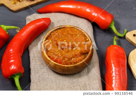 Balkan snack of bell pepper Ajvar and eggplant. Vegan food. Healthy eating. Balkan snack of bell pepper Ajvar and eggplant. Vegan food. Healthy eating. 99138546
