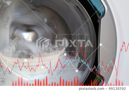 Wash clothes. Water splashes in washing machine drum, close up. Washing chart Wash clothes. Water splashes in washing machine drum, close up. Washing chart 99138592