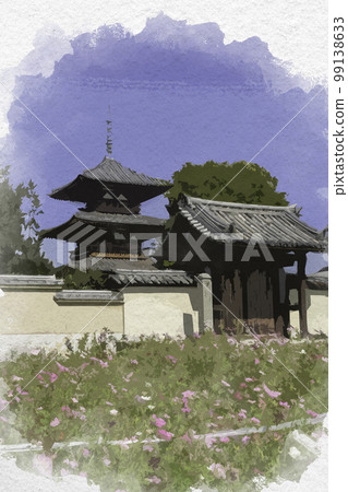 奈良縣生駒郡斑鳩町法喜寺的水彩畫南大門 99138633