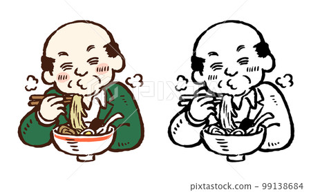 中老年吃拉麵手繪插畫單色線描套色 99138684