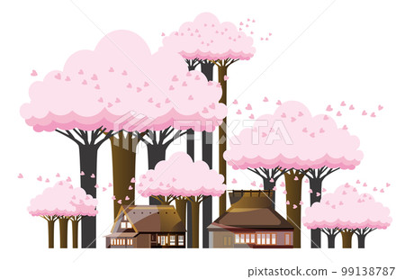 A gentle spring mountain village landscape with cherry blossoms. 99138787
