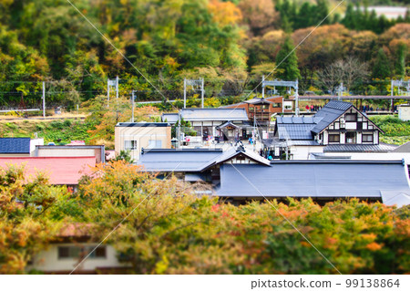 Yamadera Station overlooked from Risshakuji Temple, Yamagata City, Yamagata Prefecture 99138864