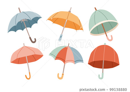 Set of different Umbrellas. Open umbrellas. Various prints. Hand drawn colored Vector illustration. Flat style. 99138880