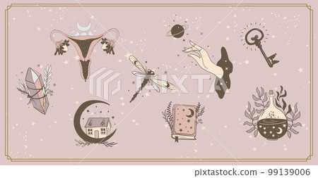 Set of mystical female symbols for witch, tarot divination, halloween icons for design, womb, book, house, key. Vector magic boho banner, collection of flat illustrations. Set of mystical female symbols for witch, tarot divination, halloween icons for design, womb, book, house, key. Vector magic boho banner, collection of flat illustrations. 99139006